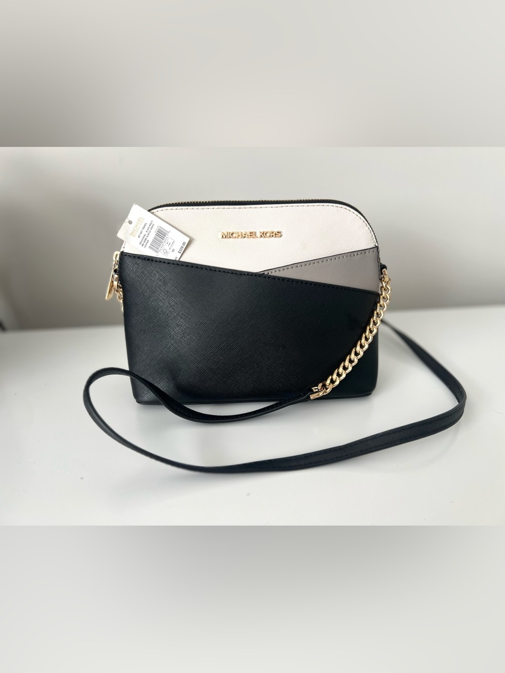 Michael Kors Black, Cream & Gray Colorblock Crossbody with Chain Accent
